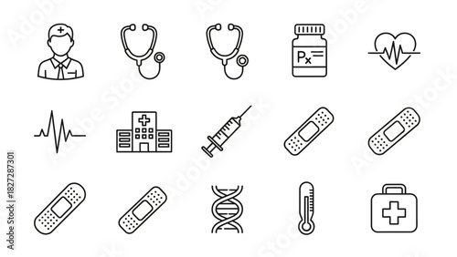 Healthcare and Medical Icons Set Doctor, Stethoscope, Pills, Heart, Hospital, Injection, Bandage & More