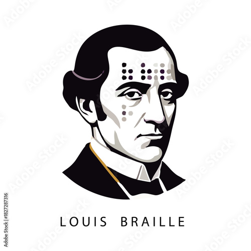 A stylized portrait of Louis Braille, the inventor of the Braille system, with dots.