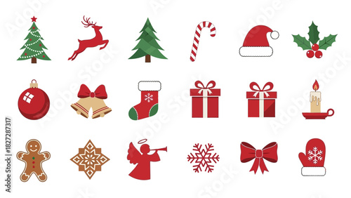 Festive Christmas Icon Collection Tree, Reindeer, Candy Cane, Presents, and Holiday Symbols