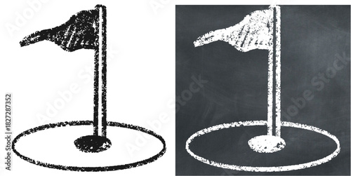 Chalk Handdrawn Golf Flag Hole Icon Vector Ideal for golf course layouts, scorecards, and destination graphics in a chalkboard style. Symbolizes goal, accuracy, and the end of a hole