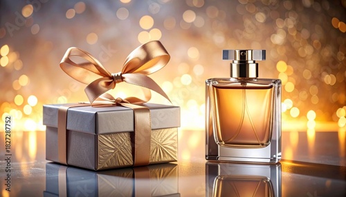 Elegant perfume bottle beside gift box with gold ribbon and bokeh
