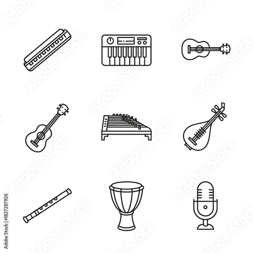 Outline Icons Set of Various Musical Instruments and Entertainment Equipment