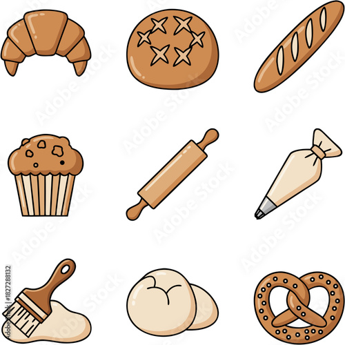 Collection of baking ingredients, tools, and finished products
