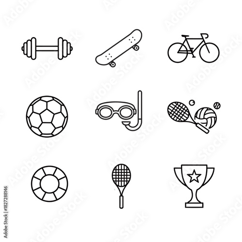 Outline Icons Set of Sports Equipment for Fitness, Ball Games, and Water Activities