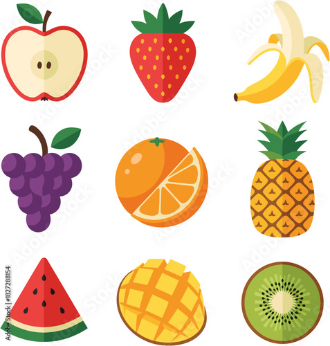 Collection of various fresh and healthy fruits in a flat design style