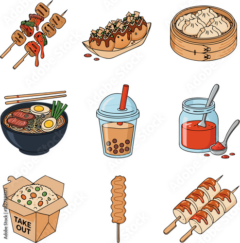 Collection of various asian street food and traditional dishes