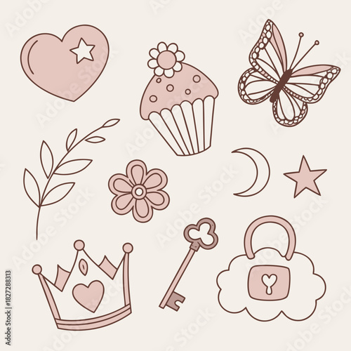 Whimsical Delights: A collection of charming, hand-drawn illustrations that bring together a heart, star, cupcake, butterfly, leaf, flower, moon, crown, key, and lock, set against a soft.
