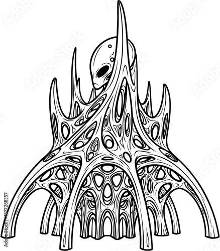 Alien creature emerging from a complex organic structure, science fiction illustration