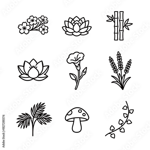 Outline Icons Set of Asian Botanical Elements and Diverse Floral Species