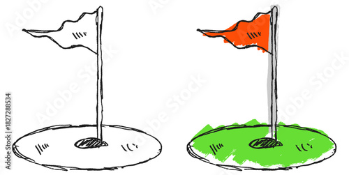 Grunge Sketch Handdrawn Golf Flag Hole Icon Vector Ideal for expressive golf designs, rough sport themes, and course graphics. Symbolizes achievement, accuracy, and course completion.