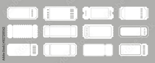 Blank Ticket Set in Clean Minimal Vector Illustration Showing Empty Templates for Coupons, Lottery Stubs, Movie Passes, Concert Entries, and Transport Boarding Designs
