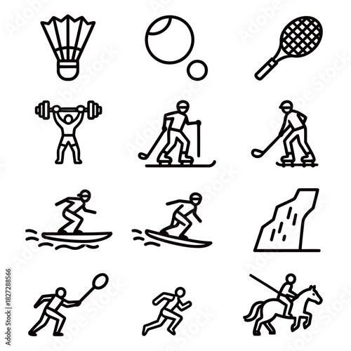 Collection of Outline Sports and Activities Icons with Badminton and Golf