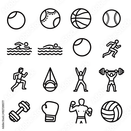 Simple Black and White Sports and Fitness Outline Icons Set