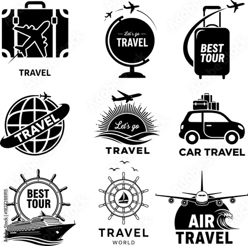 Vacation and Transport Emblems - Air, Car, and Cruise Travel Vector Icons