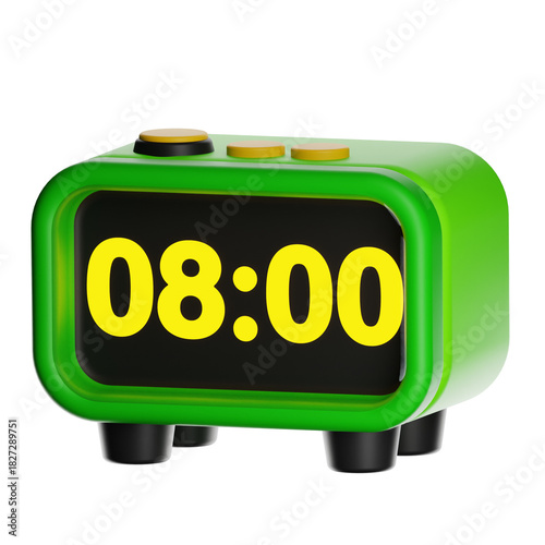 Green digital alarm clock showing 8 o'clock time