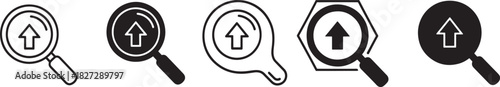 Search upload arrow icon set for digital interface, web design, and application development, symbolizing data analysis, growth, and enhancement. Vector