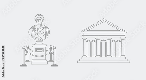 Vector illustration of outline drawing of a roman bust and a temple isolated on