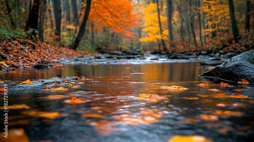 Autumn stream with colorful leaves in tranquil forest