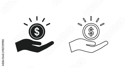 Vector illustration of hand holding a coin with dollar sign isolated on vector icon