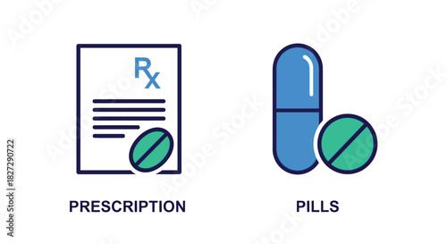 Vector illustration of prescription and pills icons isolated on, medical treatment concept