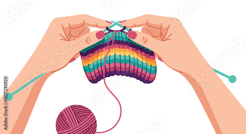 Creative hands knitting a vibrant striped scarf, a cozy hobby that brings warmth and joy to your projects, perfect for crafting enthusiasts