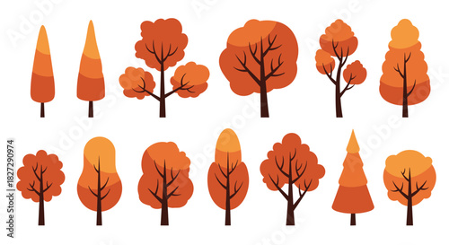 Whimsical autumn trees set for seasonal designs, perfect for children's illustrations, scrapbook elements, and festive fall decorations