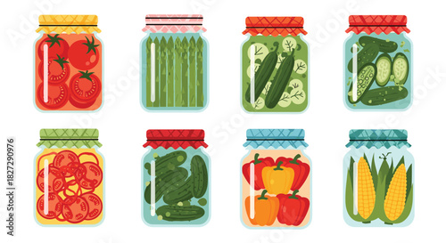Delightful assortment of vibrant pickled vegetables in charming jars, perfect for farm-to-table lifestyle marketing and seasonal food promotions