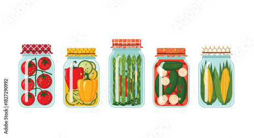 Delicious preserved vegetables in jars with tomatoes, peppers, asparagus, cucumbers, and corn for canning season and farm fresh eating