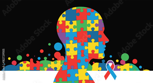 Understanding autism spectrum with a puzzle head profile and awareness ribbon, symbolizing unity and support for neurodiversity and inclusion