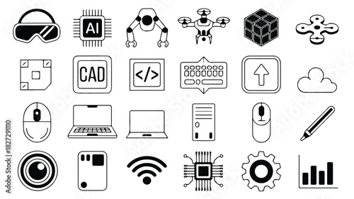 A collection of twenty diverse futuristic technology silhouettes representing advanced innovation and digital concepts
