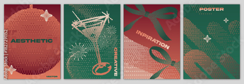 Pixel Y2K Retro Halftone Gradient Poster Card Set Vector for Christmas, Holiday, and New Year With Ribbon, Bow, Bauble, Fireworks, and Wine Bottle