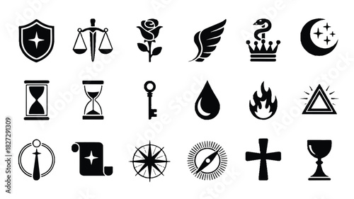 A collection of twenty ornate vitriol iconography elements featuring intricate designs and decorative flourishes suitable for graphic design projects