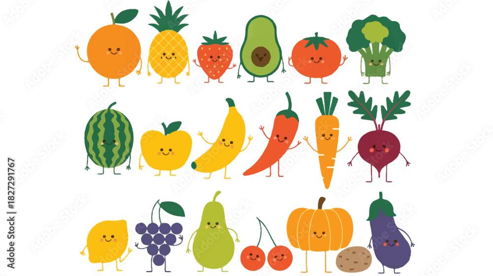 Fototapeta premium A delightful cartoon illustration featuring twenty charming anthropomorphic fruits and vegetables arranged neatly in three distinct rows on a clean white background