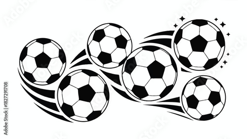 Dynamic black and white illustration of five soccer balls arranged artistically on a clean white background