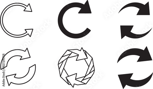 Collection of diverse black refresh, reload, recycle, undo, and redo arrow icons, representing circular motion, repetition, and continuous processes for web and app interfaces. Vector