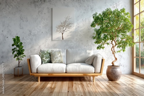 Minimalist living room with white sofa, green plants, natural light, and wooden floor