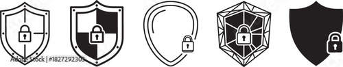 Digital data protection and internet privacy concept vector illustration set with diverse shield and padlock icons for cybersecurity. Vector