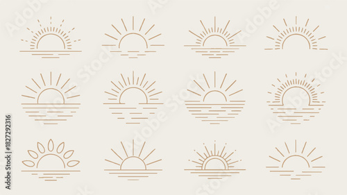 A grid of twelve minimalist sun and sunrise designs in warm beige tones on a clean white background