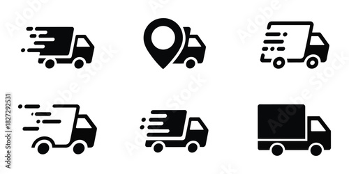 Delivery Truck Icon Set in Clean Vector Illustration Featuring Fast Shipping Symbols, Cargo Van Graphics, Express Transport Elements, and Modern Logistics Designs for Service and Distribution Concepts