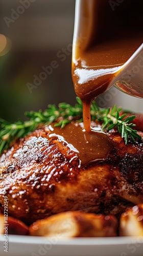 Chef or Home Cook Pouring Flavorful Sauce on Tender Chicken to Enhance Its Taste and Presentation