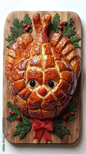 Festive Christmas Cake Decorated with a Bread Face Surrounded by Holiday Delights on a Table