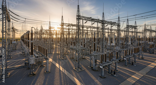 Expansive electrical substation yard with transmission equipment during golden hour sunrise