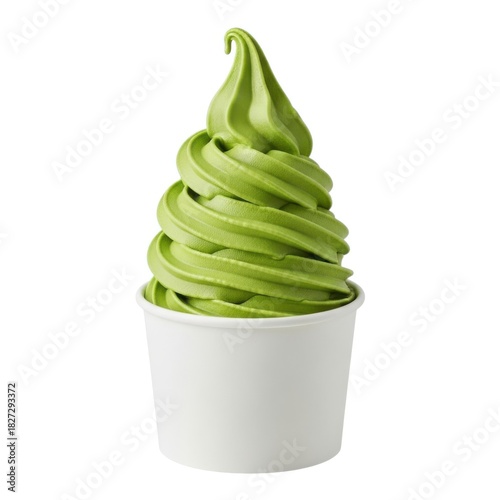 A delicious green matcha soft serve ice cream in a white cup isolated on white background