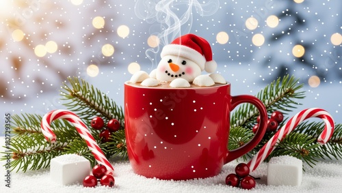 Snowman in red mug with steaming hot drink and festive decorations