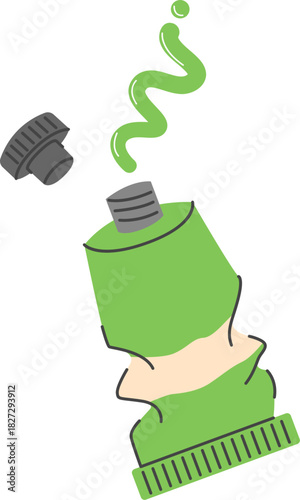Cartoon Illustration of Green Paint Tube with Squeezed Paint Art Supply