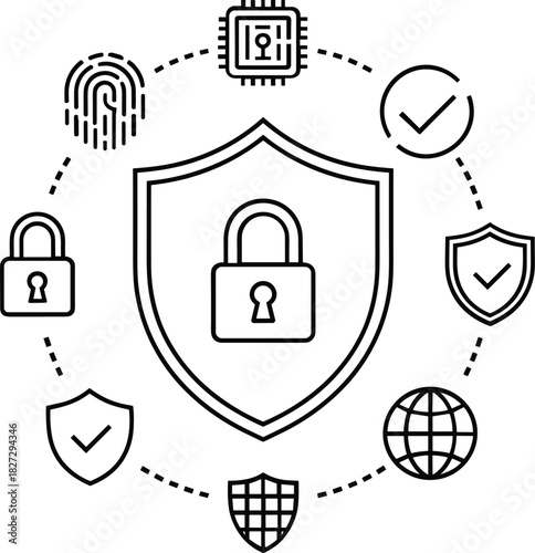 Digital security icons arranged in a circle around a central shield data protection