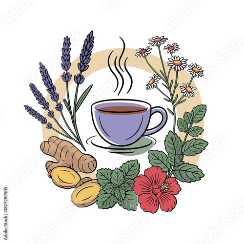 Steaming cup of herbal tea surrounded by lavender ginger chamomile and hibiscus vector