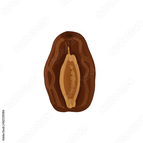 Date fruit cut in half revealing the seed inside.