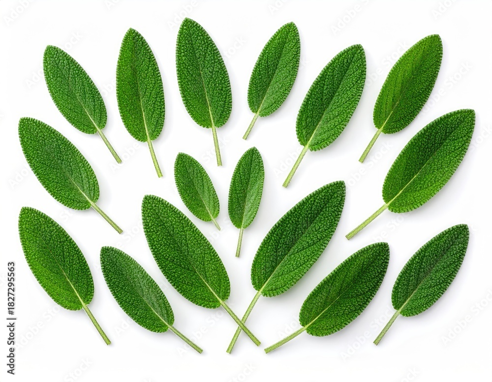 Naklejka premium Green sage leaves arranged on white