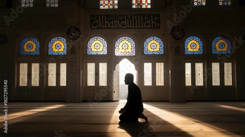 Man Kneeling in Prayer in a Mosque with Stained Glass Windows